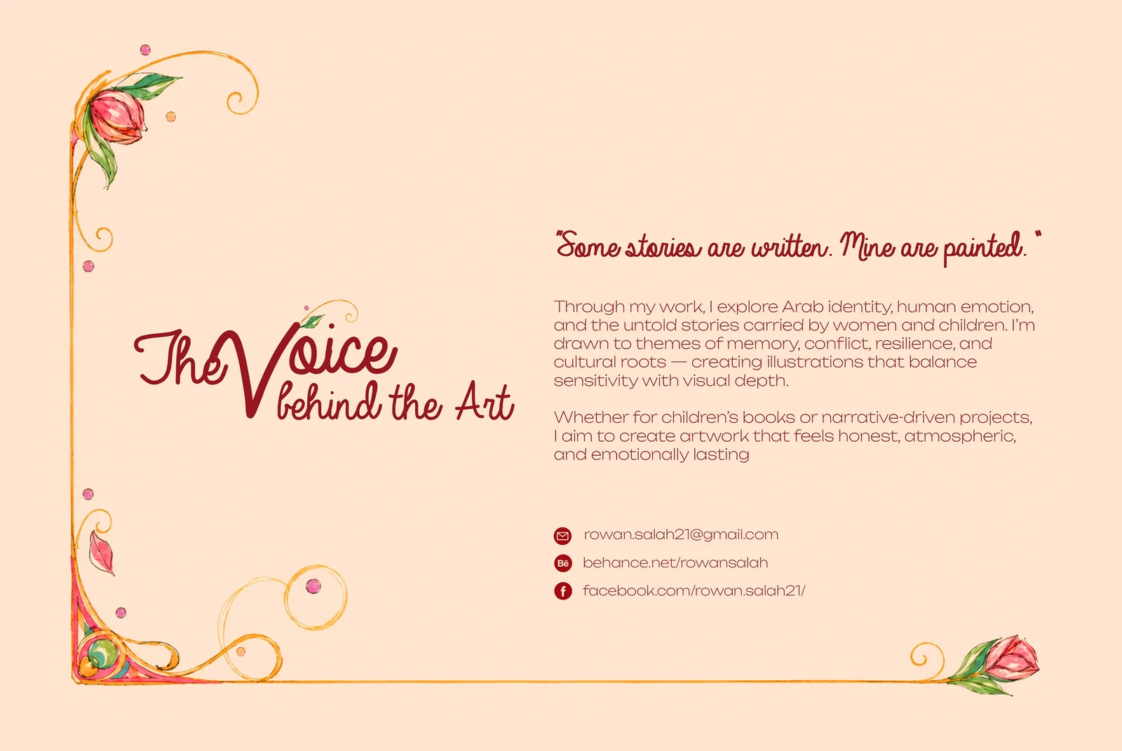 Artist introduction page from Rowan Salah portfolio